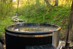 Bain extérieur en bois près d’une forêt